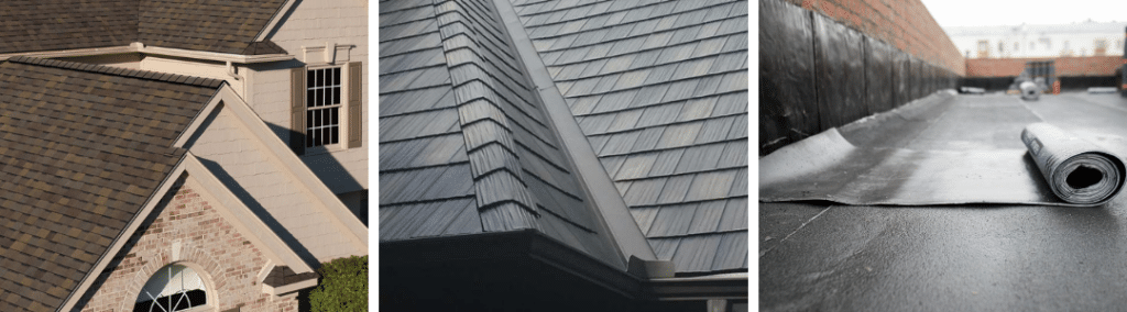 Picture collage of three images with a close up of a house with a new asphalt roof, a closeup of a house with a new synthetic roof, and a close up of black materials being laid on a flat roof