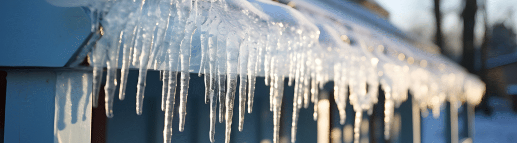 Close up of gutters with a large amount of icicles hanging down