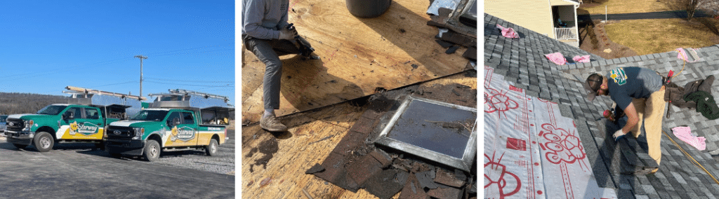 a three collage image including an image of two starway roofing systems trucks, a roof with the shingles off and a worker kneeling on it, and a guy putting shingles on a roof