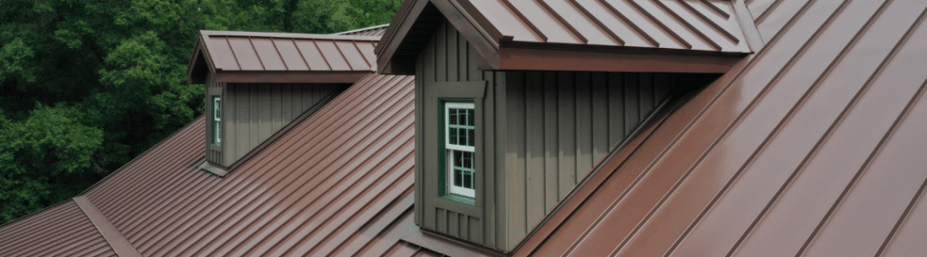 Close up of a new brown metal roof