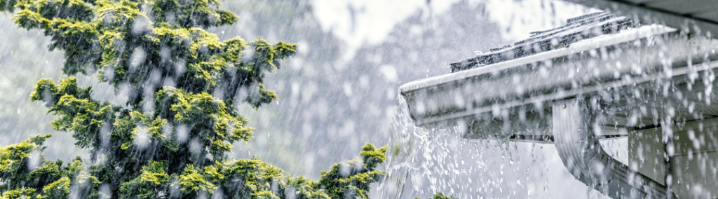Close up of a roof and gutter while it is raining with rain pouring out of the top of the gutter and a small tree in the background