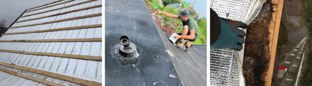 three picture collage of roofs that need replaced
