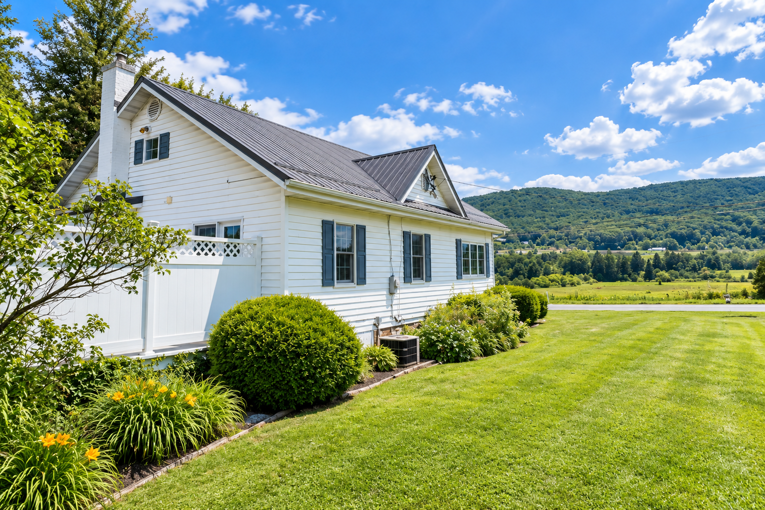 Sunlit White Country House and Hills