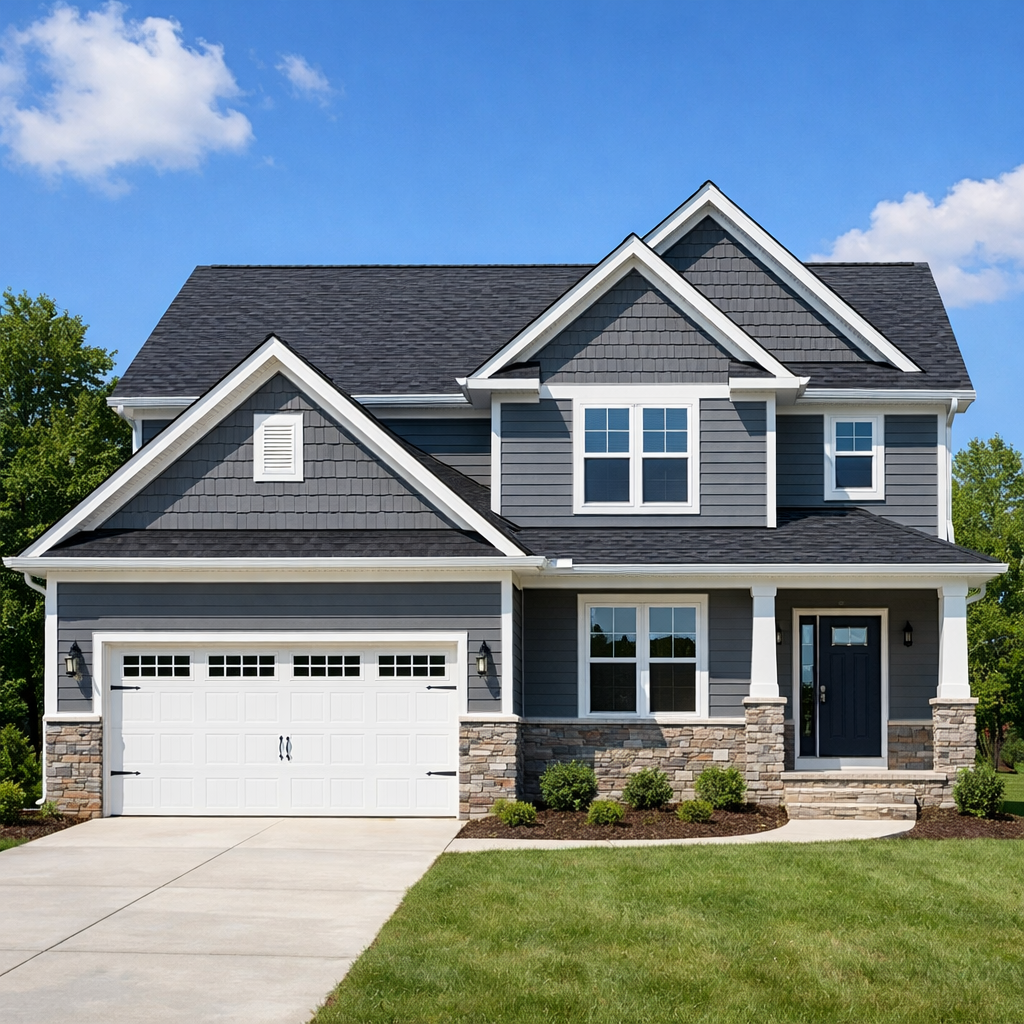 Picture of a house that recently had a roof and siding put on nice sunny day Picture of a house that recently had a roof and siding put on nice sunny day