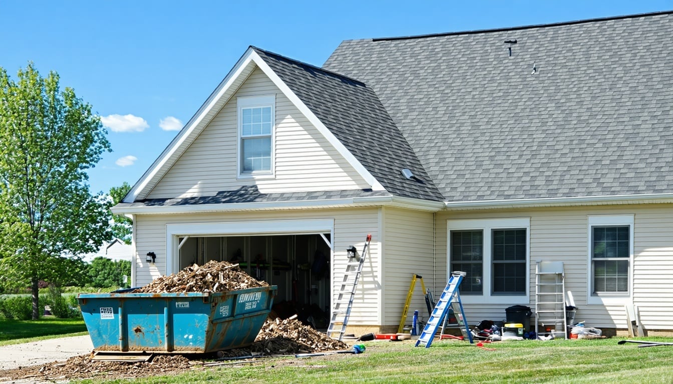 A well-maintained residential roof showcasing various roofing elements such as asphalt shingles, flashing, and a visible ridge. The house has a gable 